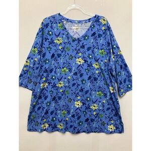Woman Within Blouse Size 1X Blue Colorful Floral V-Neck Casual Stretch Pullover